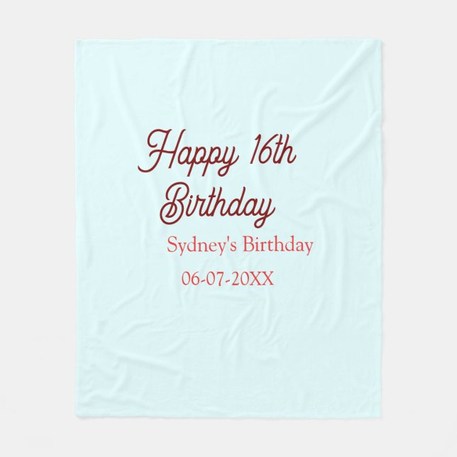 Pastel blue red happy 16th birthday name date eleg fleecefilt (Framsidan)