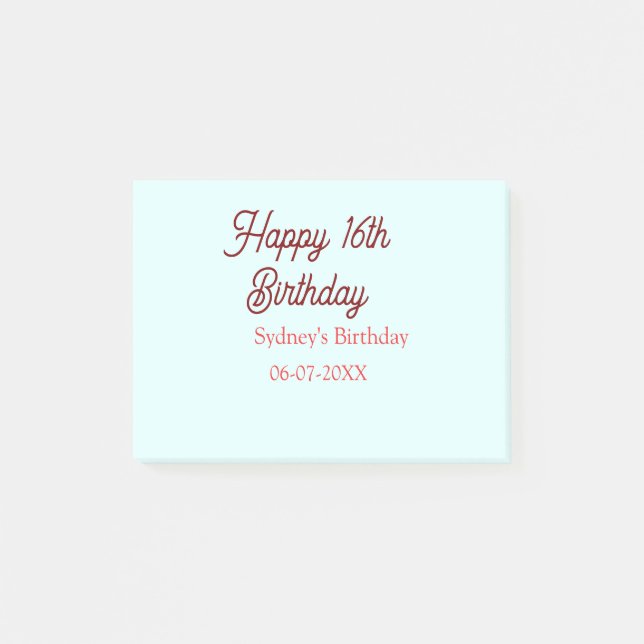 Pastel blue red happy 16th birthday name date eleg post-it block (Framsida)
