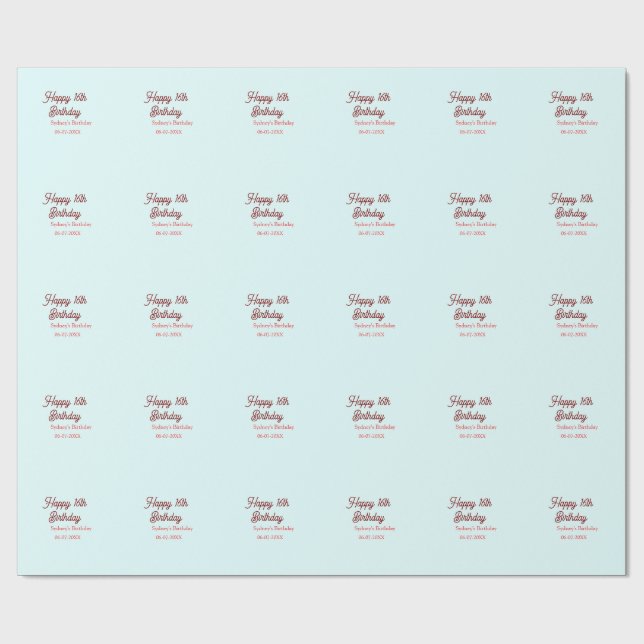 Pastel blue red happy 16th birthday name date eleg presentpapper (Platt)
