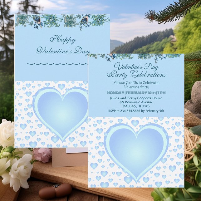 Pastel Blue Rining Hearts Valentine Day Party Inbjudningar (Pastel Blue Raining Hearts Valentine's Day Party Invitation)