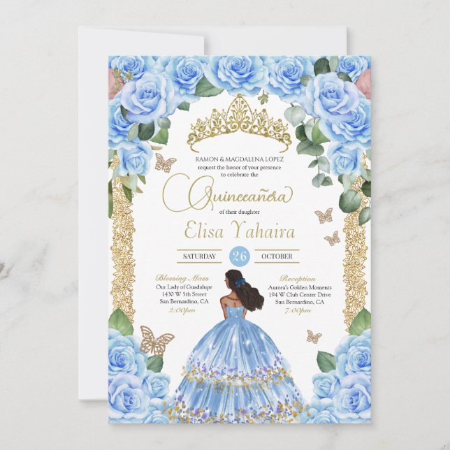 Pastel Blue Ro & Guld Butterfly Quinceañera Inbjudningar (Framsida)
