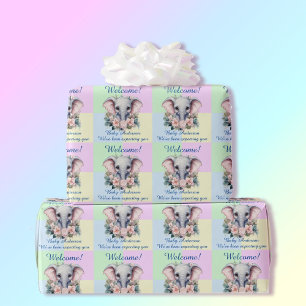 Pastel Blue Rosa Baby Shower Add Namn Elephant Presentpapper