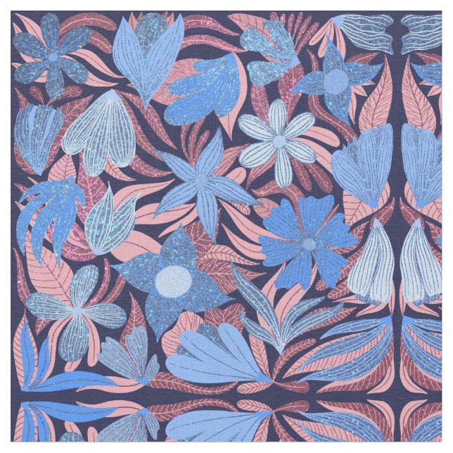 Pastel Blue Rosa Blommigt Löv Glitter Mönster Tyg (Närbild)