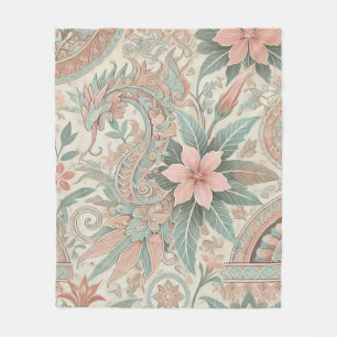 Pastel Blue Rosa Boho Blommigt Batik Watercolor Fleecefilt
