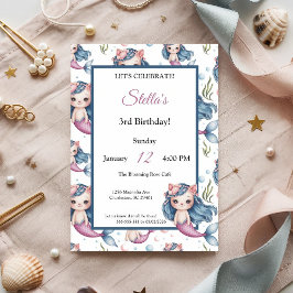 Pastel Blue Rosa Cat Sjöjungfru Girl Födelsedagsfe Inbjudningar