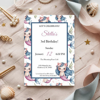 Pastel Blue Rosa Cat Sjöjungfru Girl Födelsedagsfe Inbjudningar