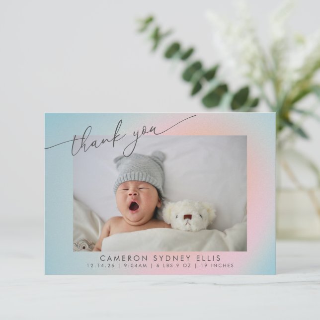 Pastel Blue Rosa Gradient Script Baby Birth Photo Tack Kort (Stående Fram)