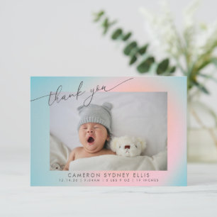 Pastel Blue Rosa Gradient Script Baby Birth Photo Tack Kort