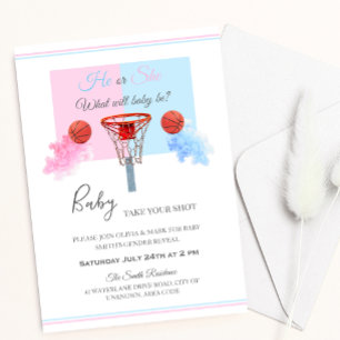 Pastel Blue Rosa Smoke Basketball Gender Reveal Inbjudningar