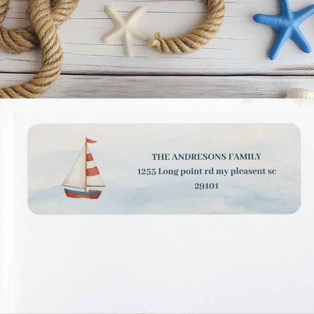 Pastel Blue Sailboat Nautical Address Label | Ahoy Returadress Etikett (Skapare uppladdad)