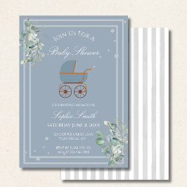 Pastel Blue Stripes Baby Carriage Baby Shower Inbjudningar