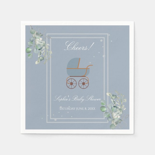 Pastel Blue Stripes Baby Carriage Baby Shower Pappersservett (Framsidan)