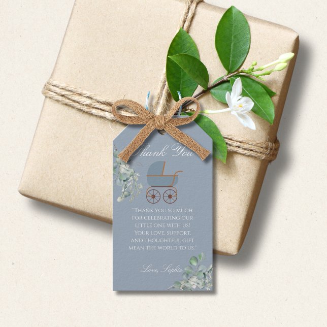 Pastel Blue Stripes Baby Carriage Baby Shower Presentetikett (Skapare uppladdad)