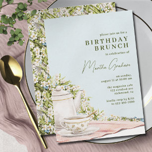 Pastel Blue Tekanna Blommigt Elegant Birthday Brun Inbjudningar