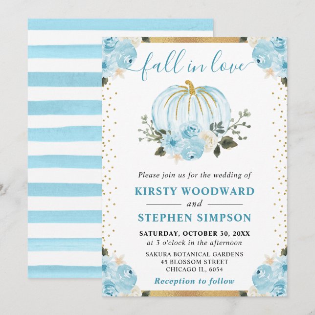 Pastel Blue & White Blommigt Pumpkins Fall Wedding Inbjudningar (Fram/baksida)