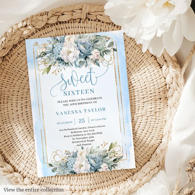 Pastel Blue White Blommigt Sweet 16 Inbjudan (Adorable Pastel Blue White Floral Sweet 16 Invitation)