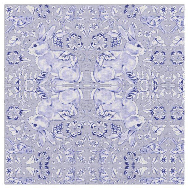 Pastel Blue & White Bunny Rabbit Bird Print Tyg (Närbild)