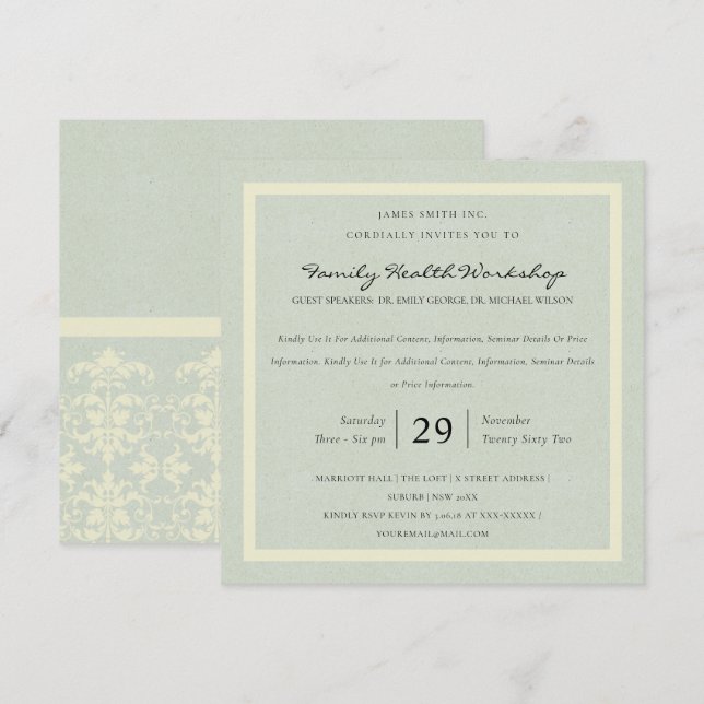 PASTEL BLUE WHITE DAMASK CLASSIC WORKSHOP EVENT INBJUDNINGAR (Fram/baksida)