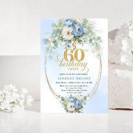Pastel blue white peony floral gold 60th birthday  inbjudningar