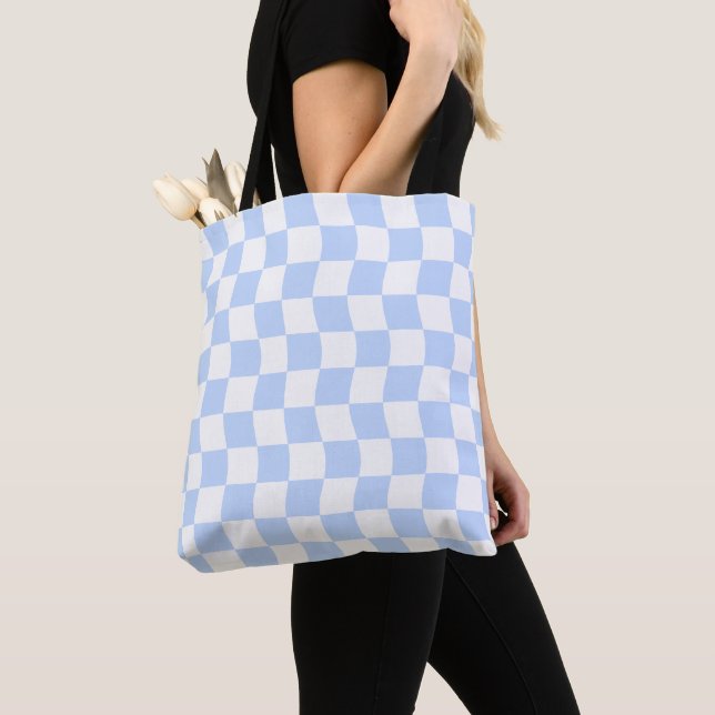 Pastel Blue White Retro Checkerboard Pattern Tygkasse (Närbild)