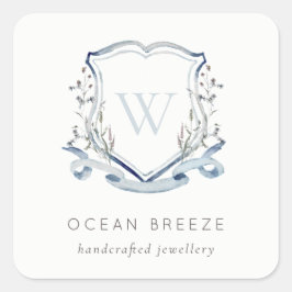 Pastel Blue Wildbloms Watercolor Vapensköld Monogr Fyrkantigt Klistermärke