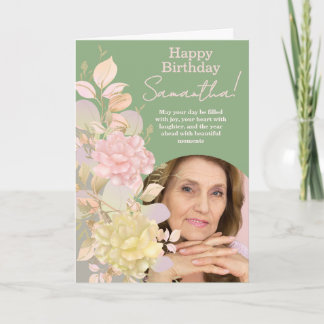 Pastel Blush Pink Floral Photo Birthday Greeting Kort