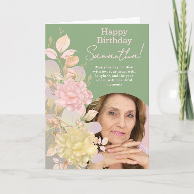 Pastel Blush Pink Floral Photo Birthday Greeting Kort (Framsida)