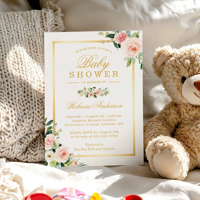 Pastel Blushing Rosa Blommigt Guld Girl Baby Showe Inbjudningar (Skapare uppladdad)