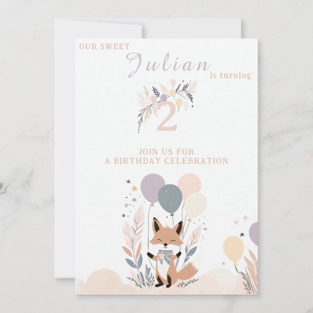 Pastel Boho Baby Fox och Balloons Birthday Inbjudningar (Framsida)