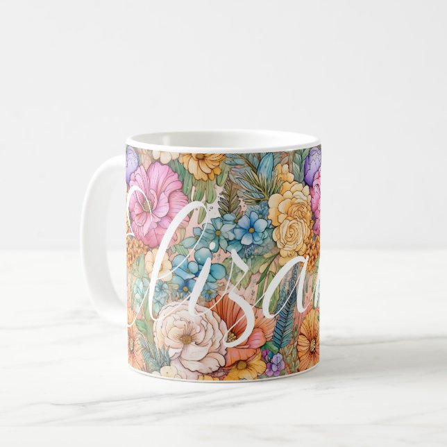 Pastel Boho Big Lycklig Watercolor Botaniska Blomm Kaffemugg (Framsida vänster)