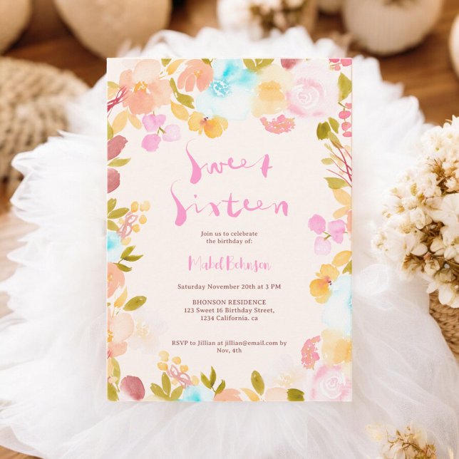 Pastel boho blommigt vattenfärgsskript Sweet 16 Inbjudningar (Pastel boho floral watercolor script Sweet 16 Invitation)