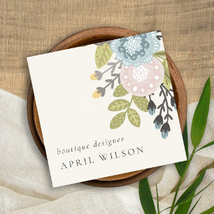 Pastel Boho Blue Grönt Leafy Blommigt QR-kod Fyrkantigt Visitkort