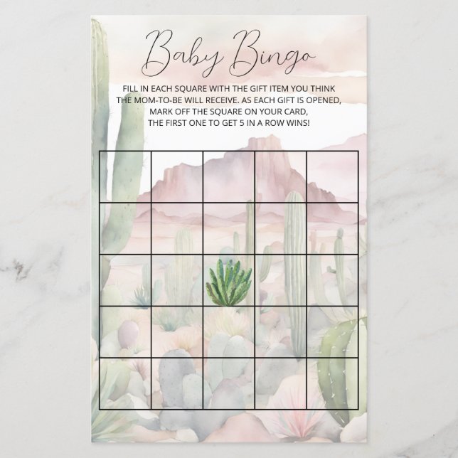 Pastel Boho Desert Cactus Baby Shower Bingo Game (Framsida)