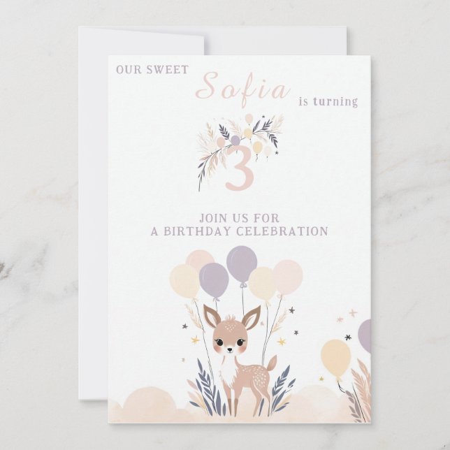 Pastel Boho Fawn och Balloons Birthday Inbjudningar (Framsida)