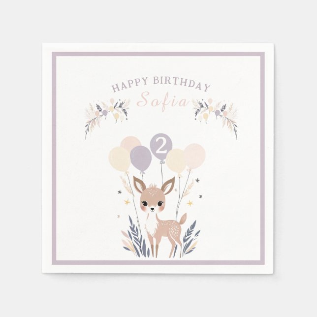 Pastel Boho Fawn och Balloons Birthday Pappersservett (Framsidan)