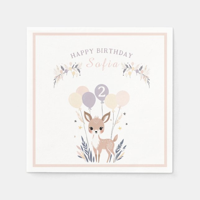 Pastel Boho Fawn och Balloons Birthday Pappersservett (Framsidan)