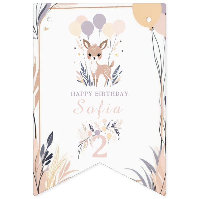 Pastel Boho Fawn och Balloons Birthday Vimplar (Första flaggan)