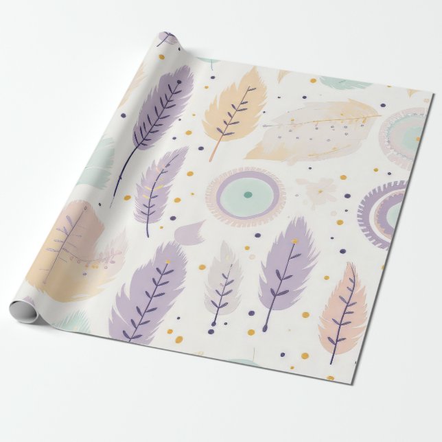 Pastel Boho Feather Mönster med geometriska accent Presentpapper (Utrullad)