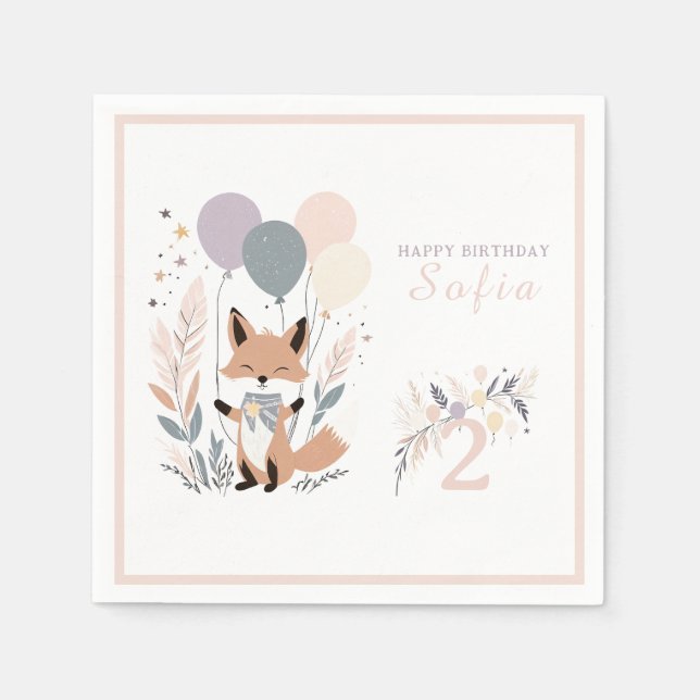Pastel Boho Fox och Balloons Birthday Pappersservett (Framsidan)