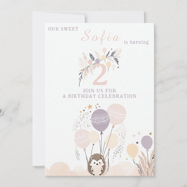 Pastel Boho Hedgehog och Balloons Birthday Inbjudningar (Framsida)