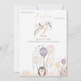 Pastel Boho Hedgehog och Balloons Birthday Inbjudningar