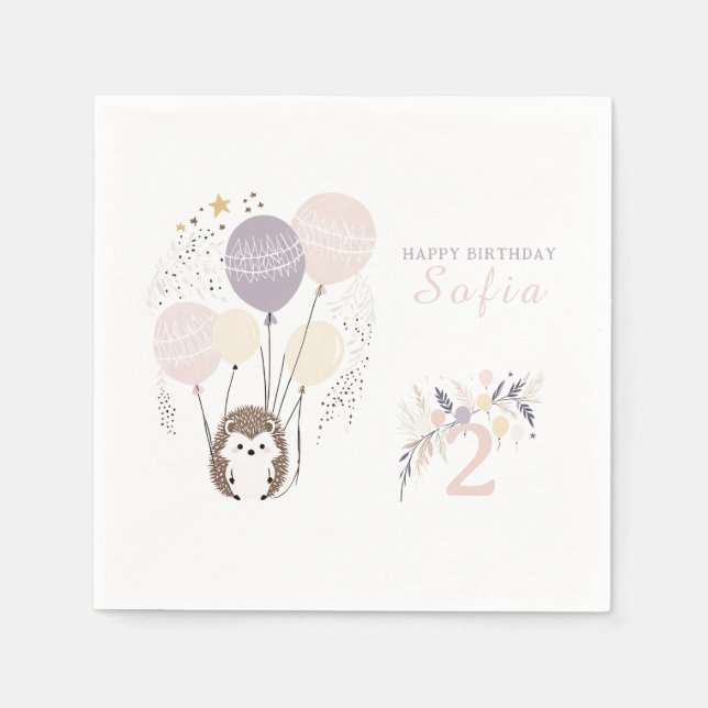 Pastel Boho Hedgehog och Balloons Birthday Pappersservett (Framsidan)