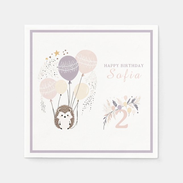 Pastel Boho Hedgehog och Balloons Birthday Pappersservett (Framsidan)