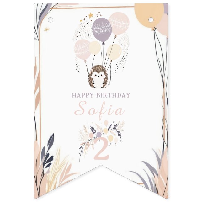 Pastel Boho Hedgehog och Balloons Birthday Vimplar (Sextonde flaggan)