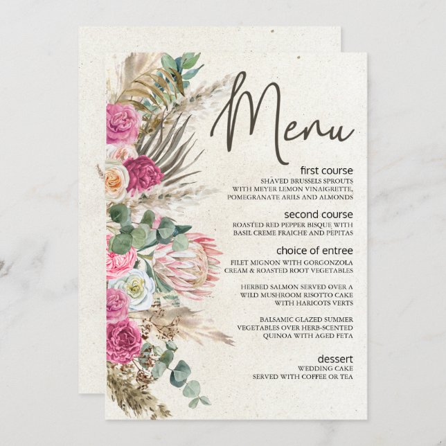 Pastel Boho Neutralt Blommigt Bröllop Menu Meny (Fram/baksida)