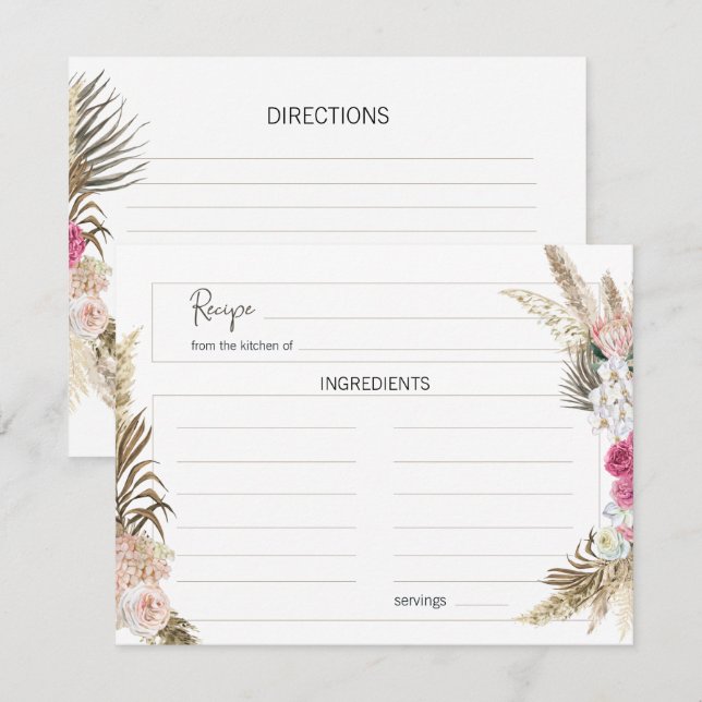 Pastel Boho Neutralt Blommigt Bröllop Recept Card Anteckningskort (Fram/baksida)