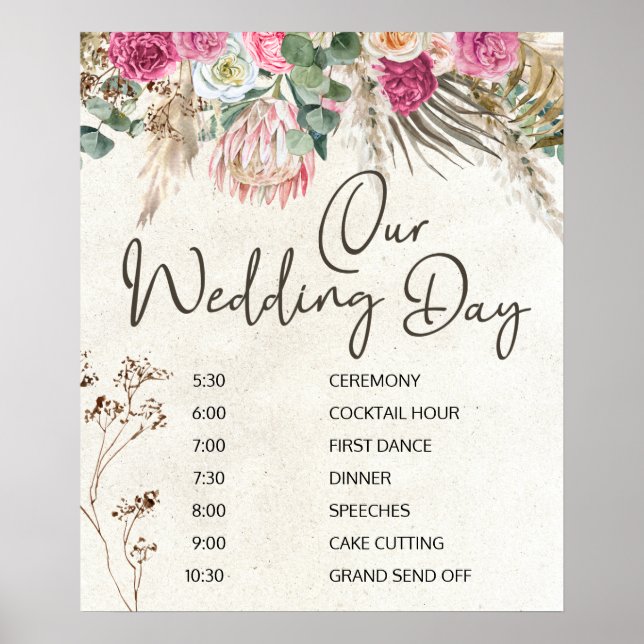Pastel Boho Neutralt Blommigt Bröllop Schedule Pos Poster (Framsidan)