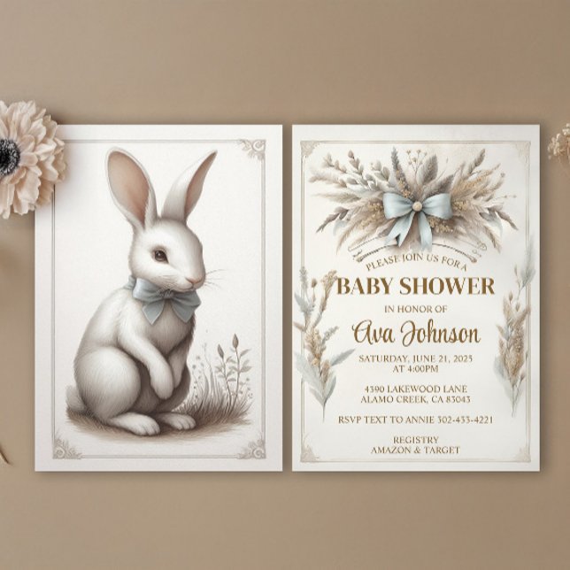 Pastel Boho Rabbit Inbjudningar (An elegant spring bunny rabbit design with boho florals in pale blue, taupe and ivory. )