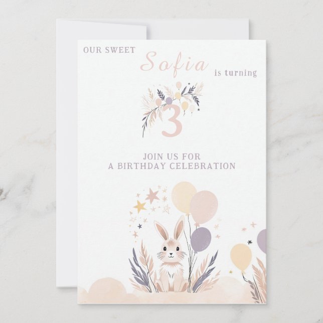 Pastel Boho Rabbit och Balloons Birthday Inbjudningar (Framsida)