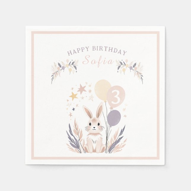 Pastel Boho Rabbit och Balloons Birthday Pappersservett (Framsidan)